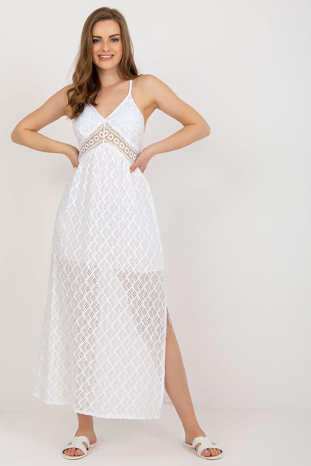 Och Bella daydress in white openwork, V neckline, fitted bodice, long skirt