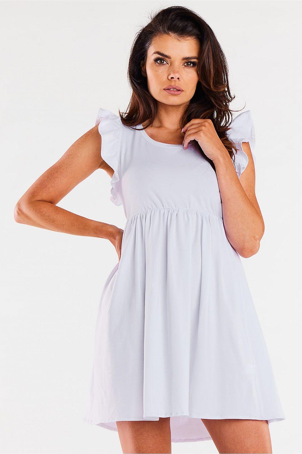 White ruffle-sleeve daydress with gathered waist and flared short skirt