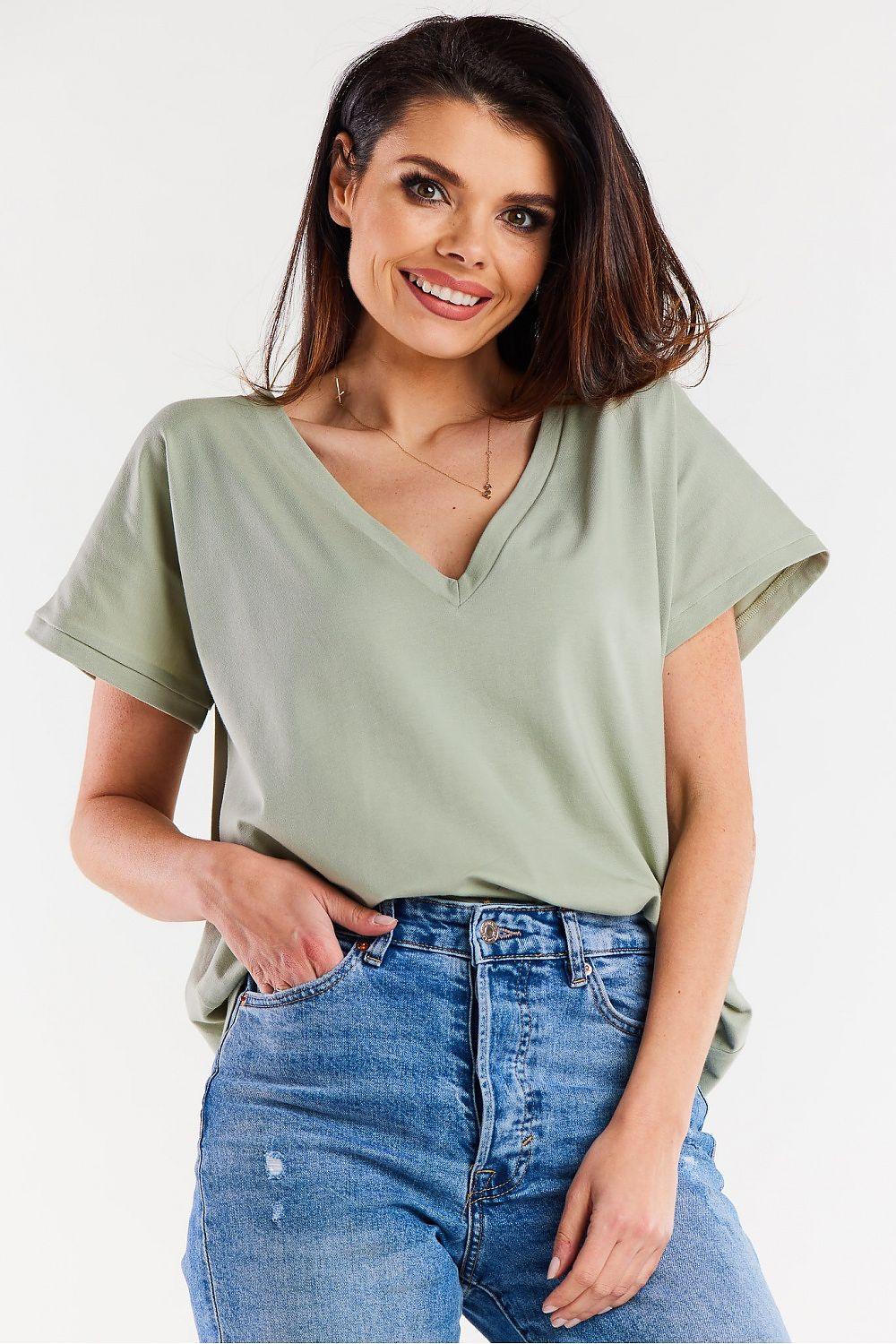 V-neck cotton blouse in sage green, short sleeves, relaxed fit
