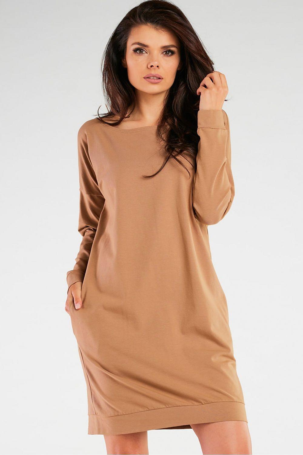 Beige long-sleeve day dress with crew neck and straight above-knee hem.