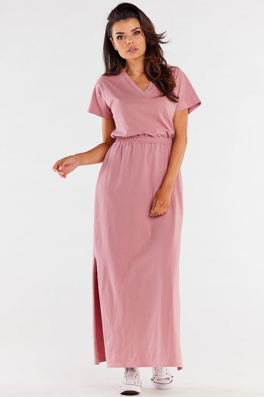 Pink v-neck short-sleeve maxi dress with cinched waist and side slit.