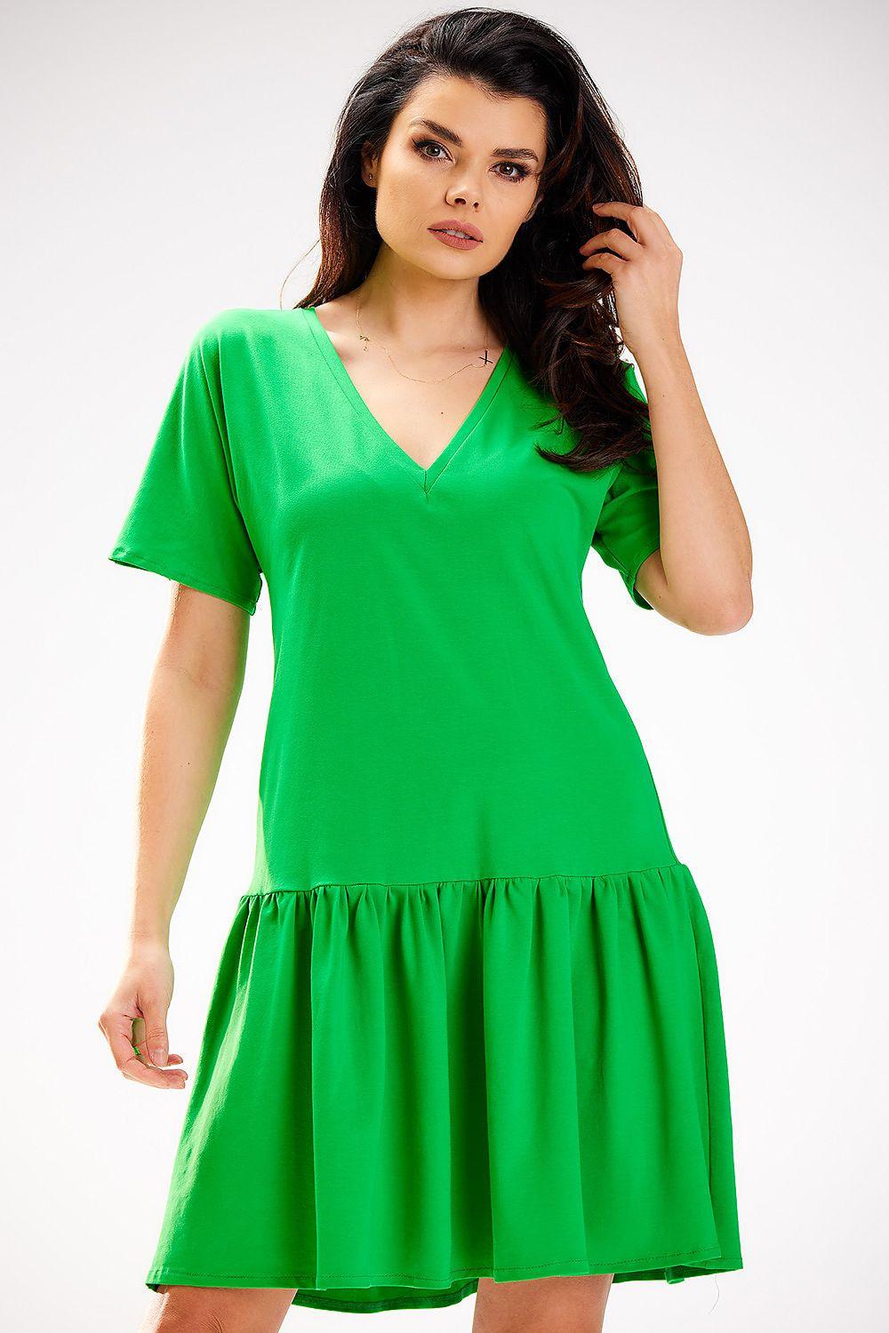 Green V-neck short-sleeve daydress with tiered skirt and gathered waist
