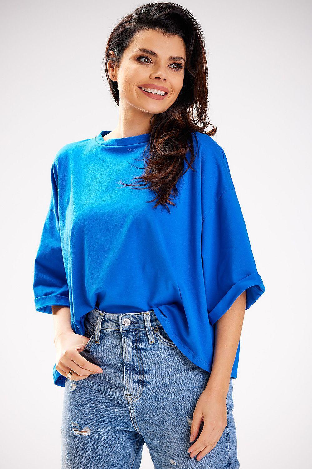Blue wide-sleeve cotton blouse with loose fit and round neckline