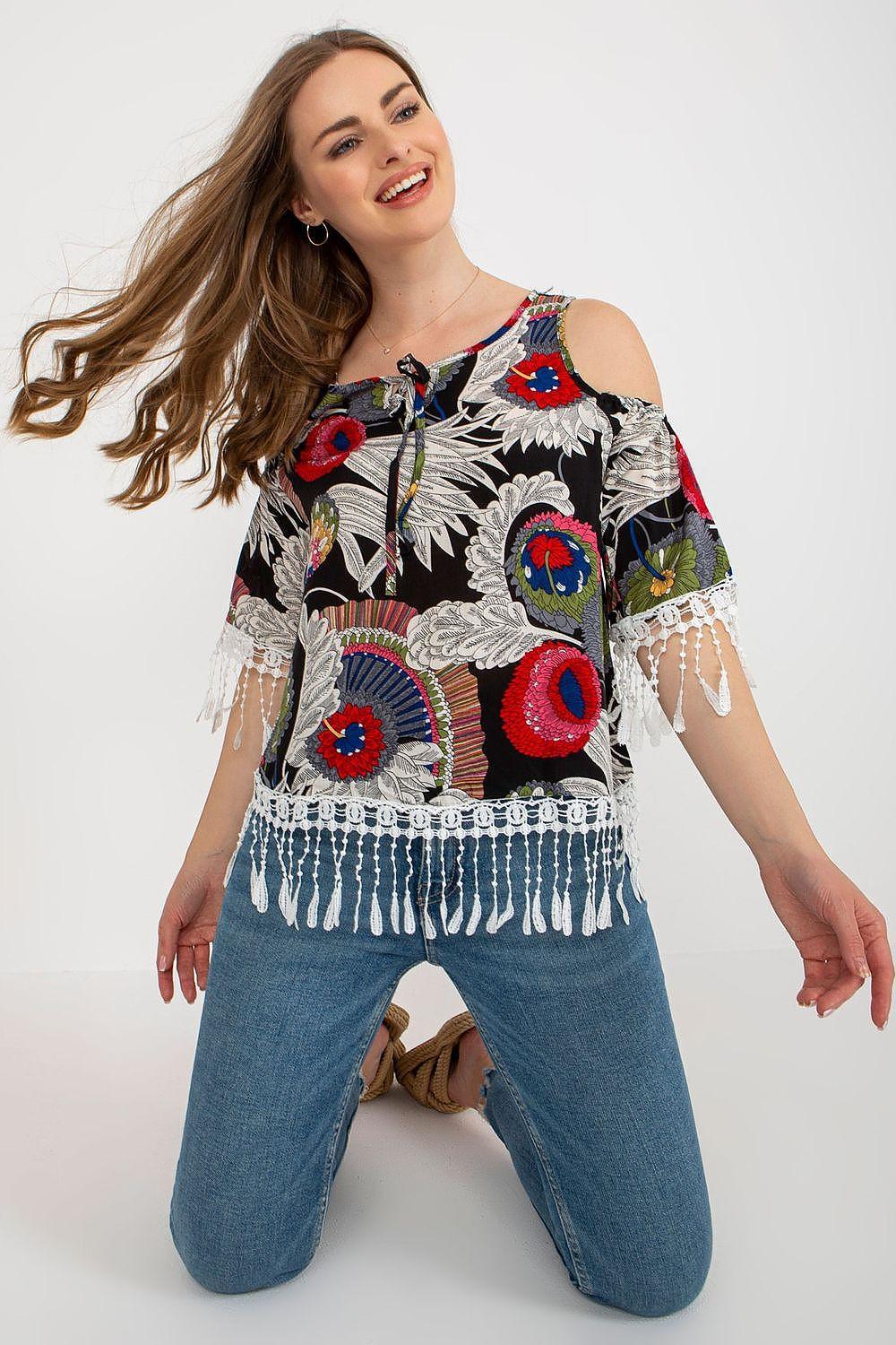 Embroidered off-shoulder blouse, dark base with multicolor floral pattern and fringe tassels