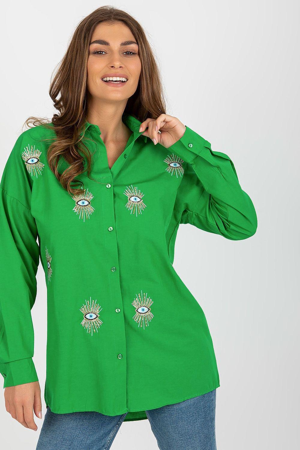 Green long sleeve shirt with button front and embroidered eye motifs