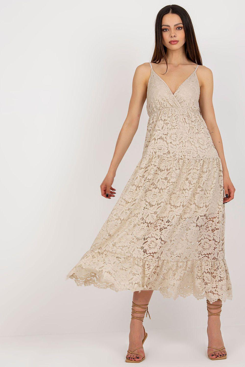 Beige lace daydress with V-neck and thin straps, tiered skirt, scalloped hem