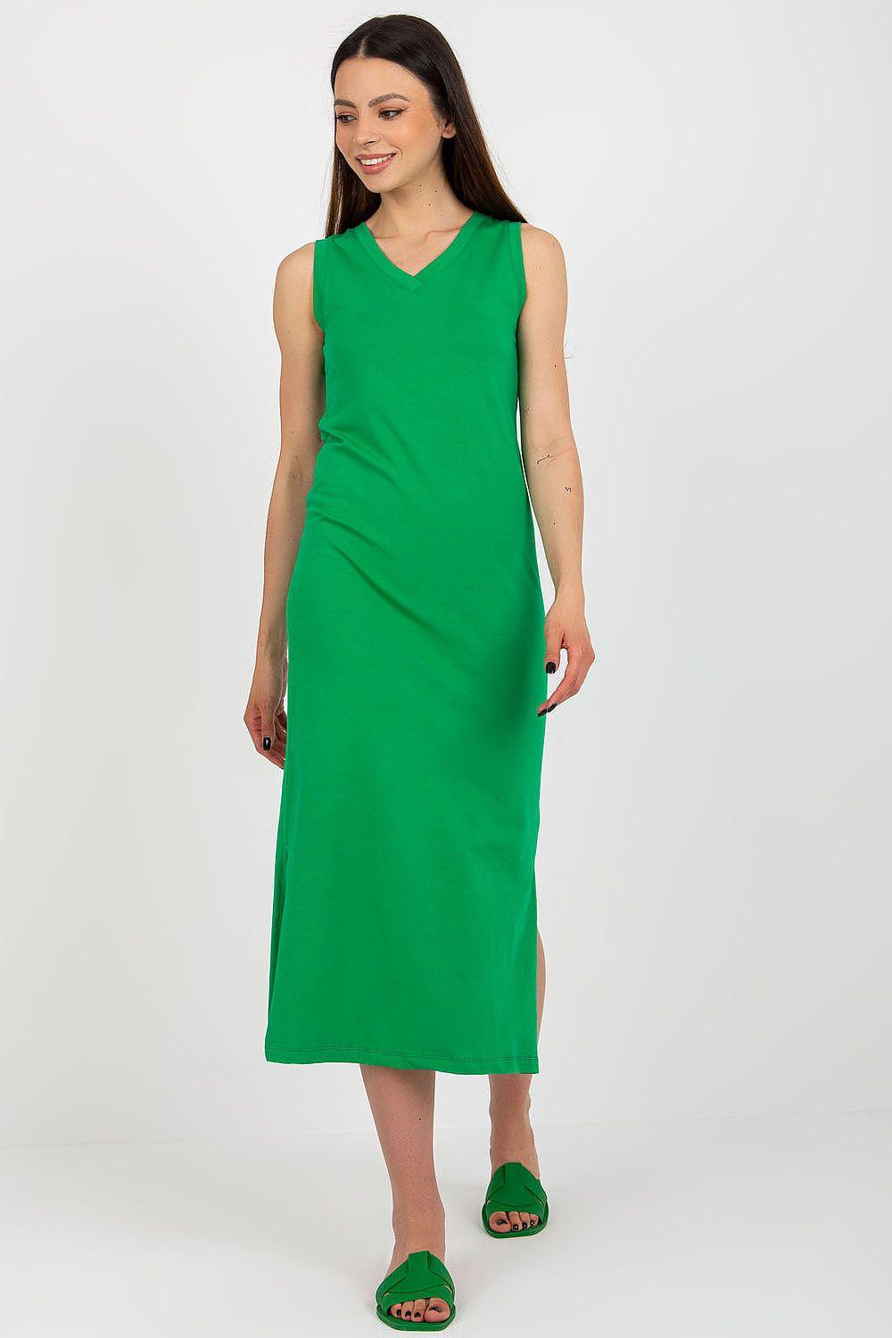Green sleeveless V-neck midi daydress with front side slit