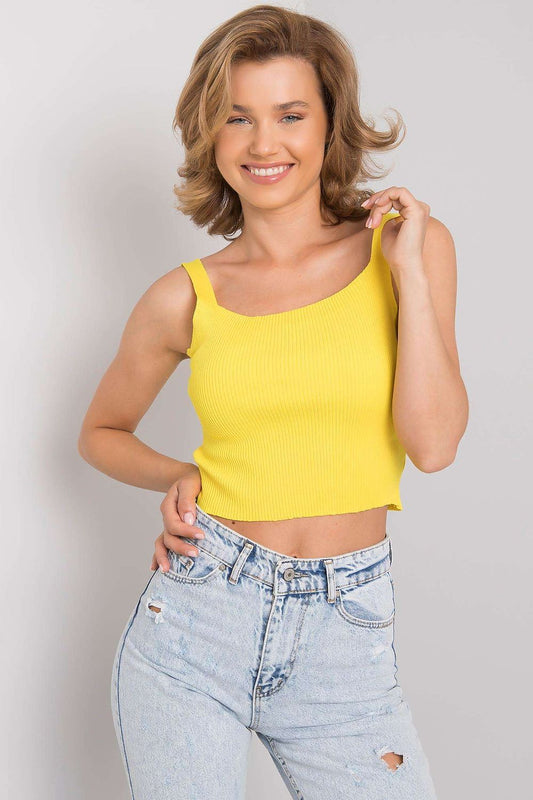 Yellow ribbed sleeveless crop top with square neckline
