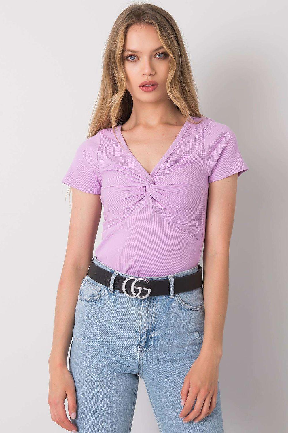 V-neck purple short-sleeve blouse with twisted knot front