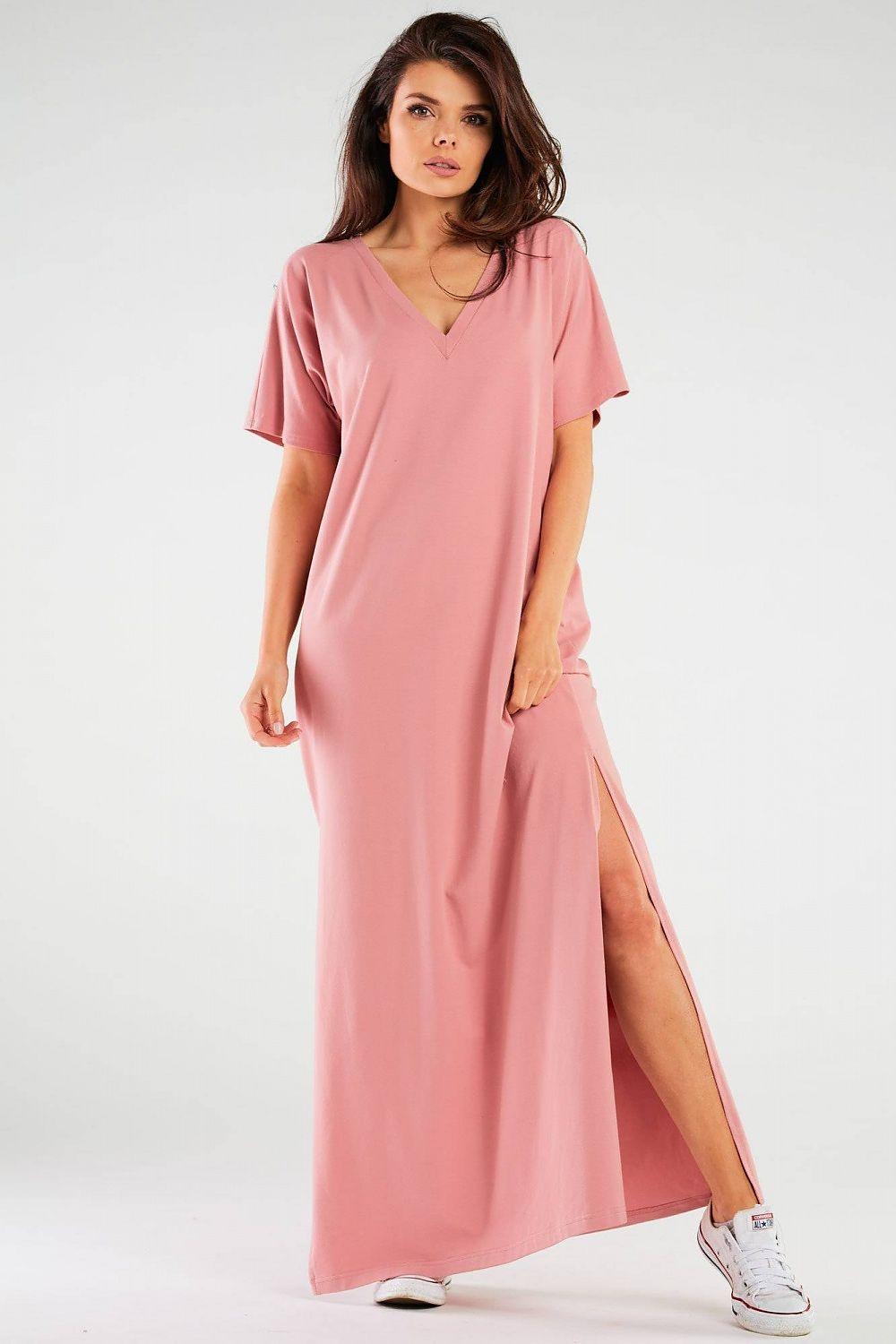 Pink maxi day dress with V-neck, short sleeves, and side slit hem