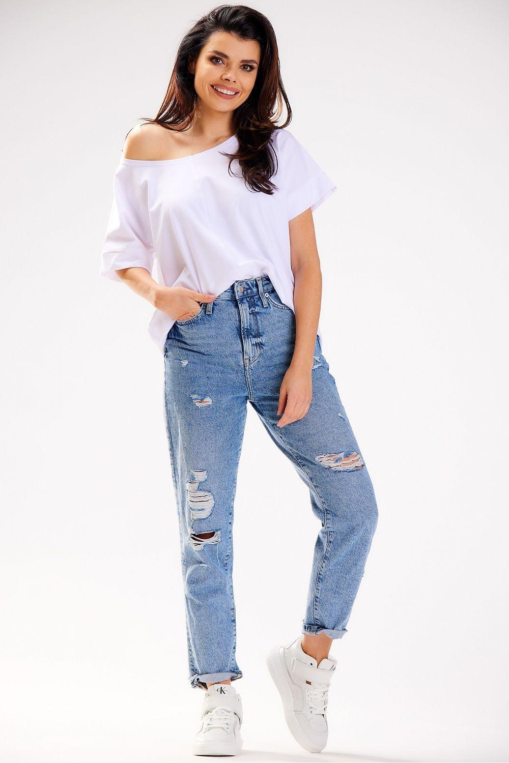 Off-shoulder white cotton blouse with short sleeves and relaxed fit