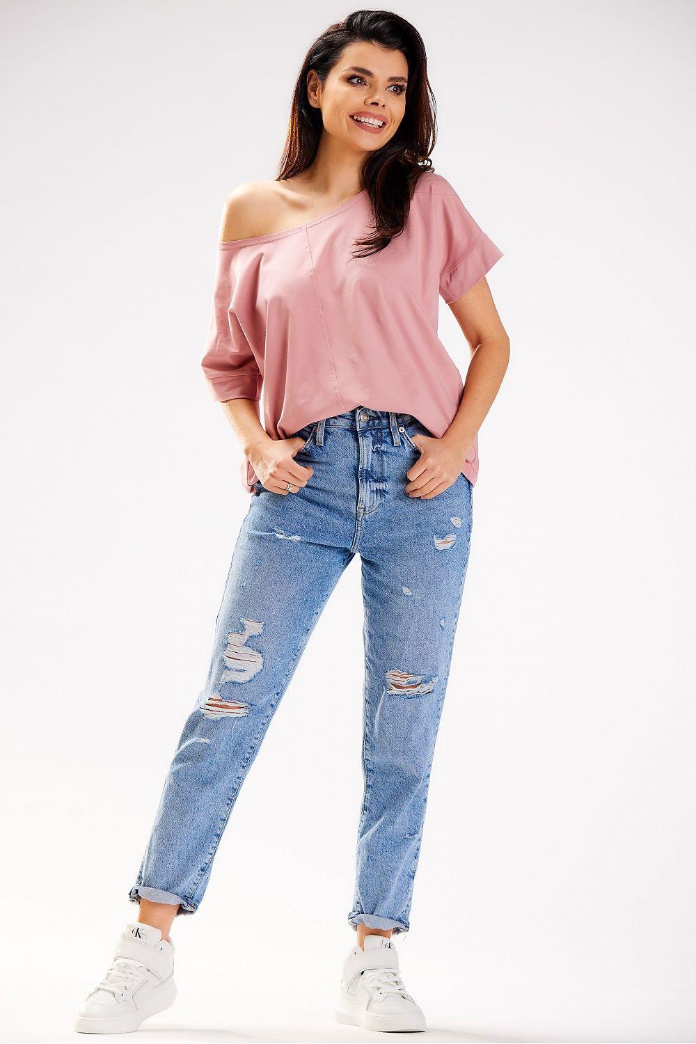 Pink off-shoulder blouse with relaxed fit and short sleeves
