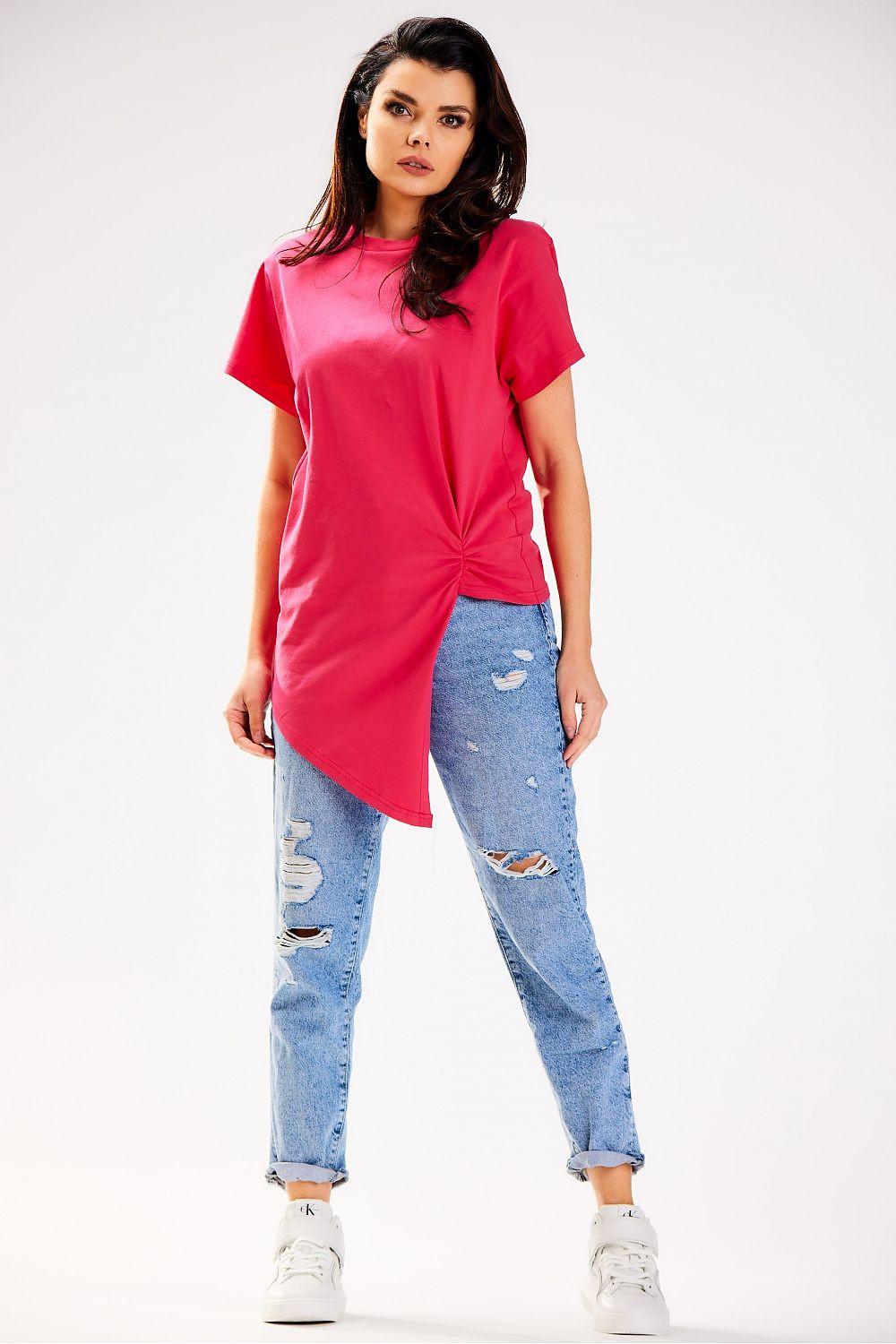 Pink asymmetrical cotton blouse with short sleeves and twisted front hem