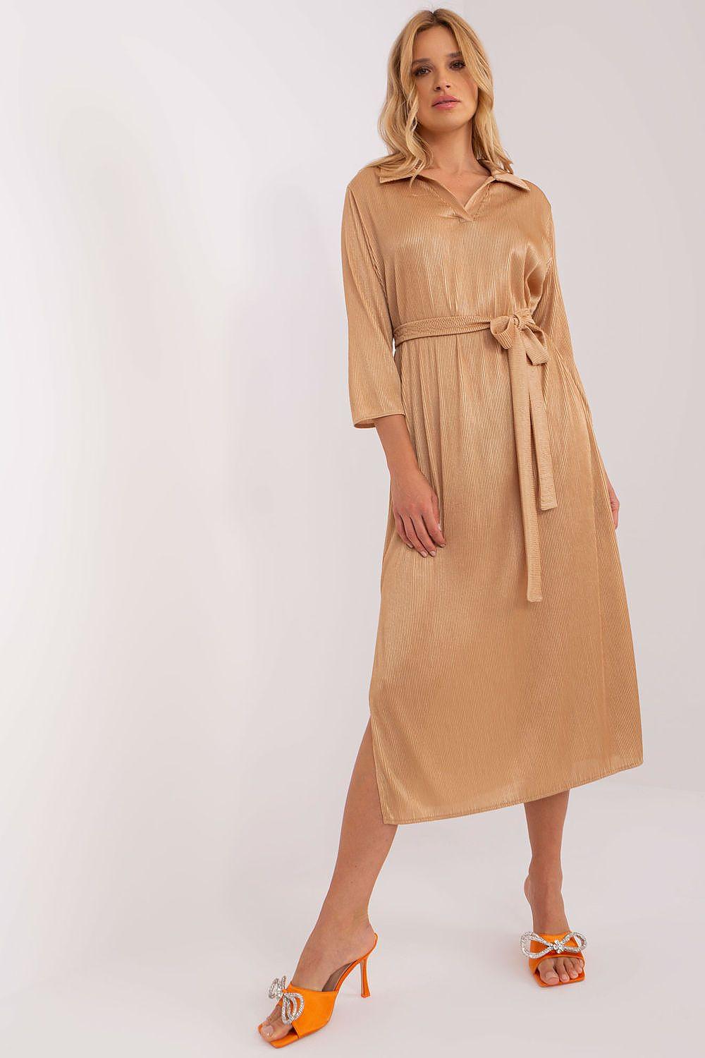 Brown tie-waist daydress with collar and 3/4 sleeves, midi length, side slit