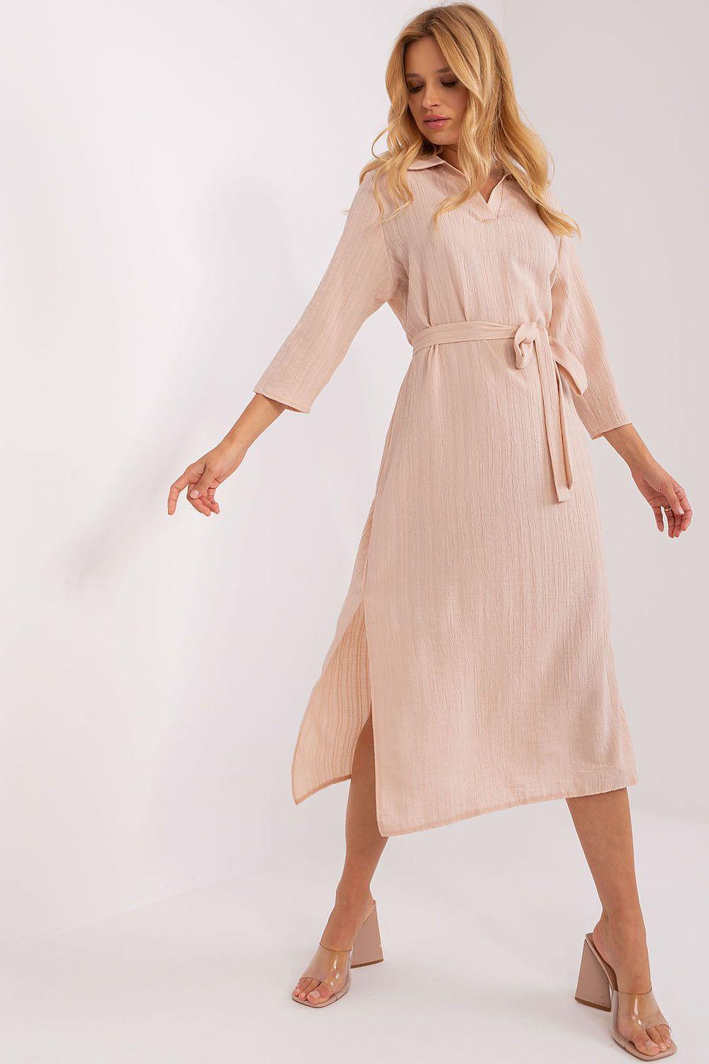 Beige Lakerta daydress with tie belt, button-front collar, midi length, 3/4 sleeves