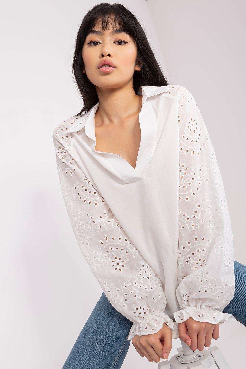 Light openwork long-sleeve blouse with V-neck and button front, eyelet sleeves
