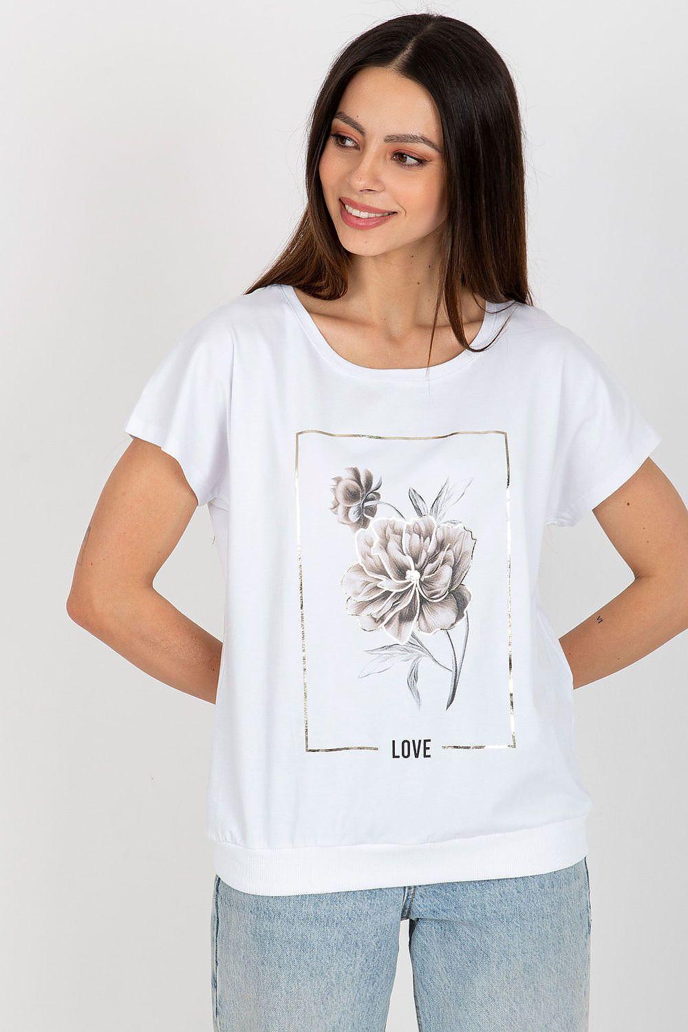 White cotton-blend blouse with short sleeves, crew neck, and floral front graphic