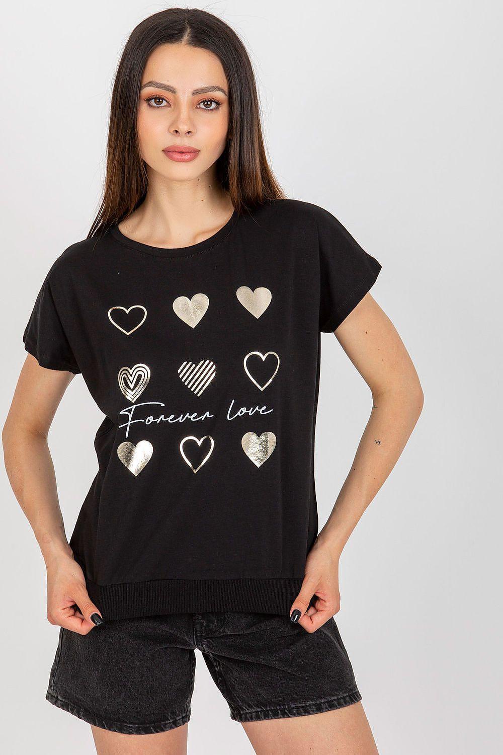 Black short-sleeve blouse with heart graphic and 'Forever love' print