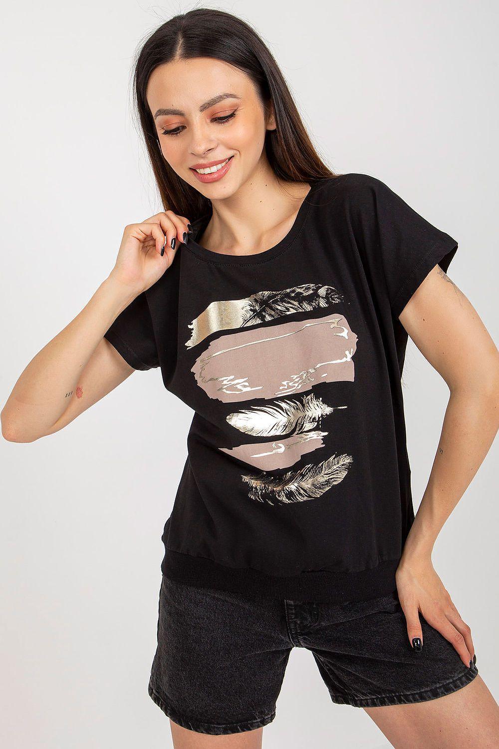 Black cotton blouse with feather print graphic on front, short sleeves
