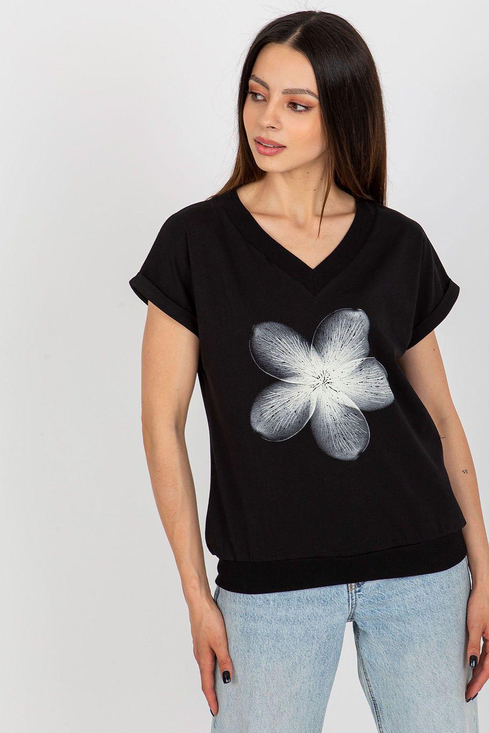 Black V-neck cotton blouse with short sleeves and large floral graphic front