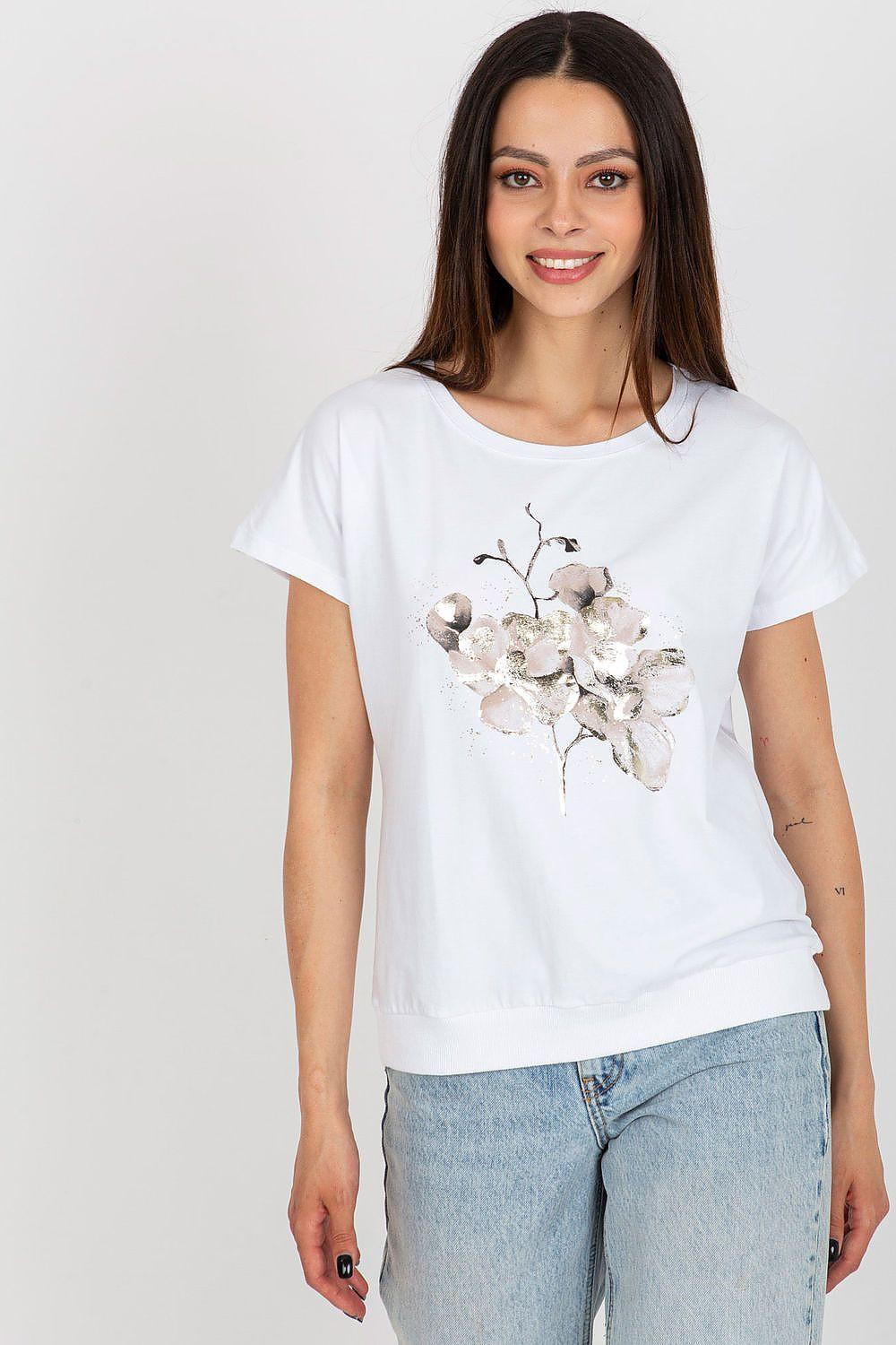 Rue Paris blouse in white with front floral graphic and short sleeves