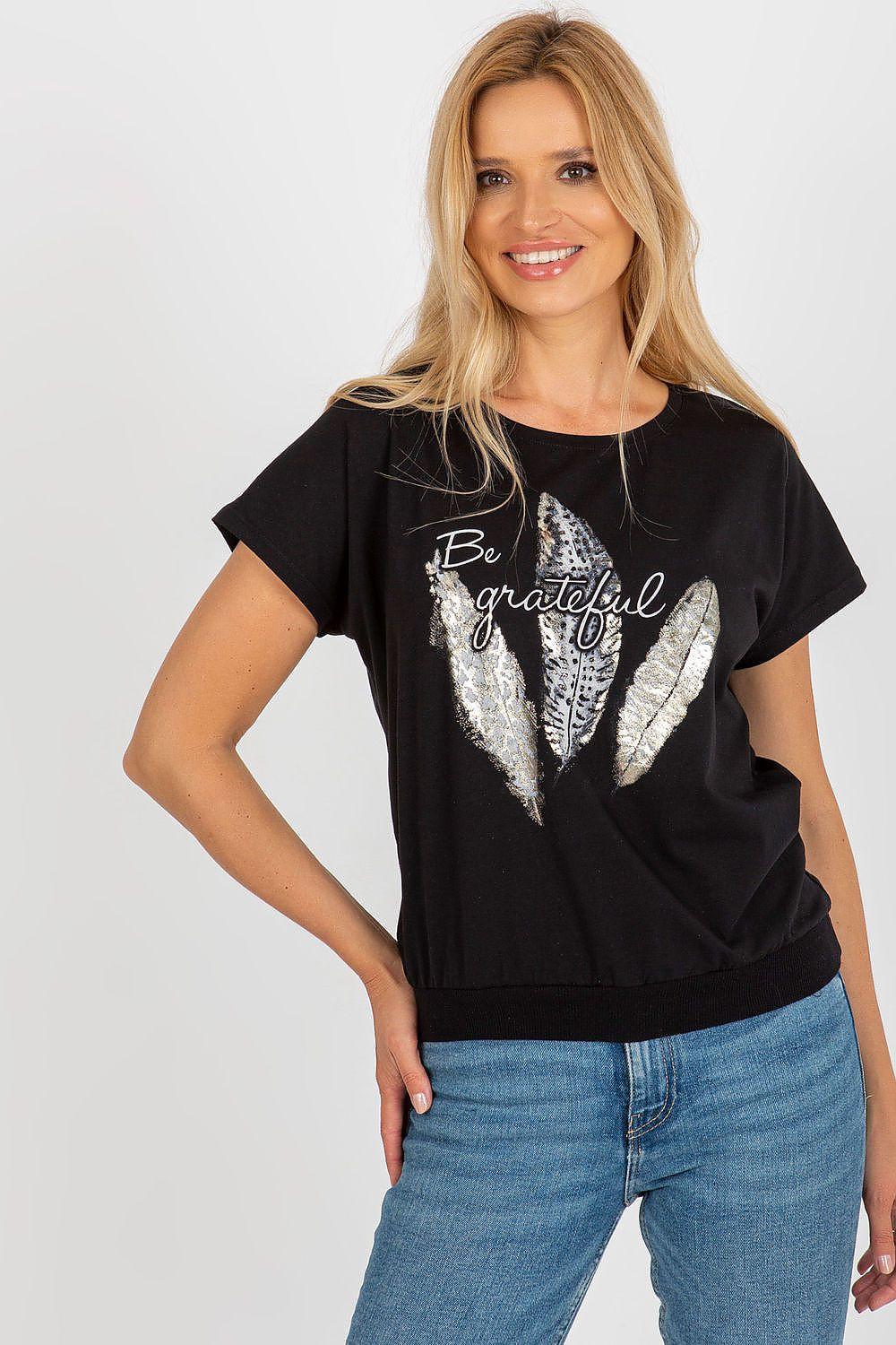 Black short-sleeve blouse with angel 'Be grateful' graphic