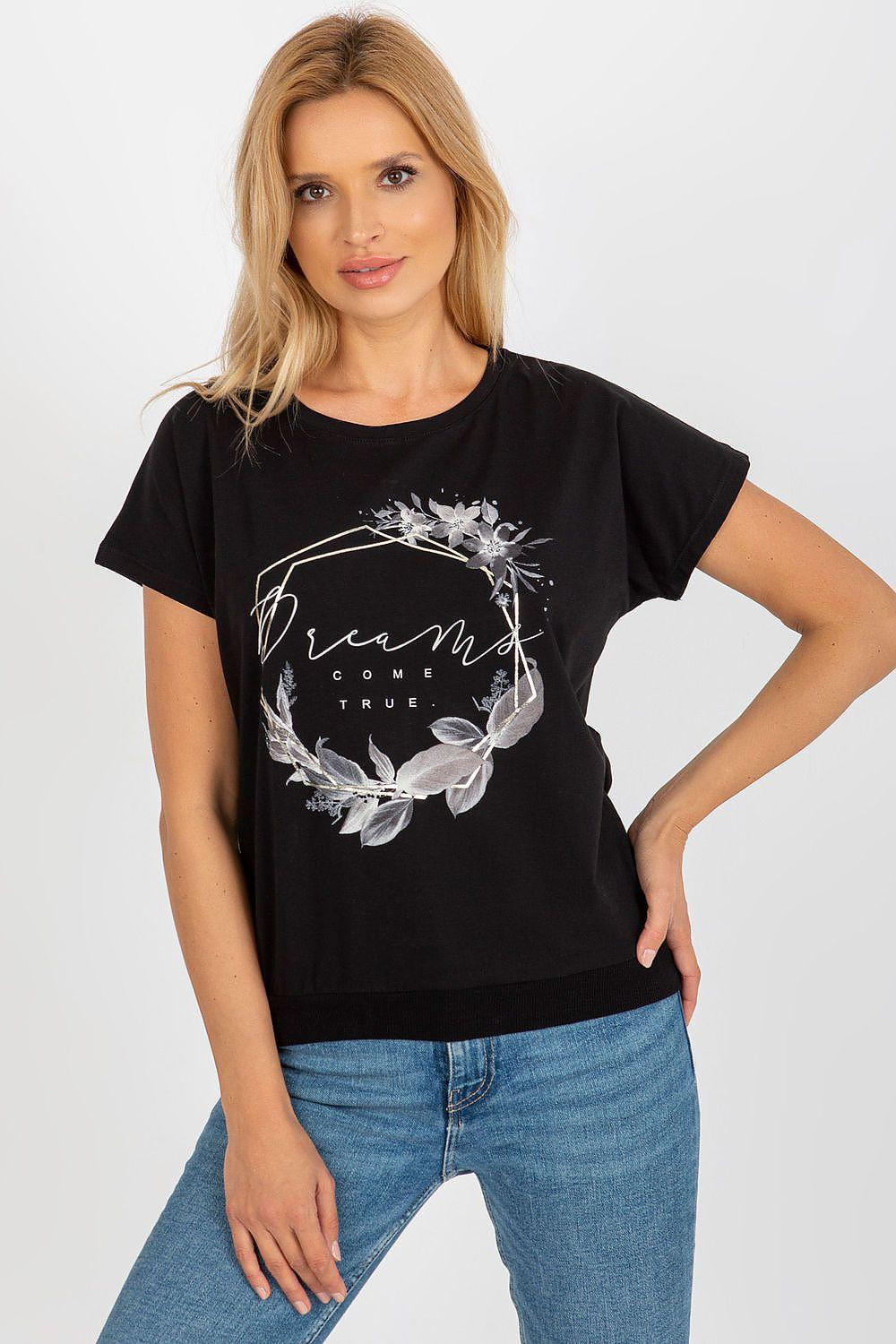 Black short-sleeve blouse with crew neck and white floral wreath front graphic