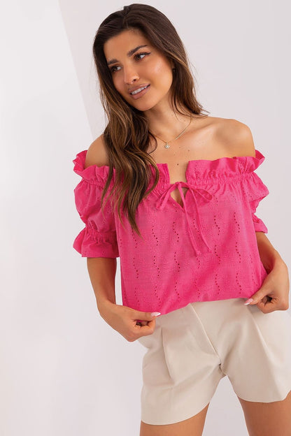 Pink off-shoulder cotton blouse with ruffled sleeves and tie-front eyelet detail