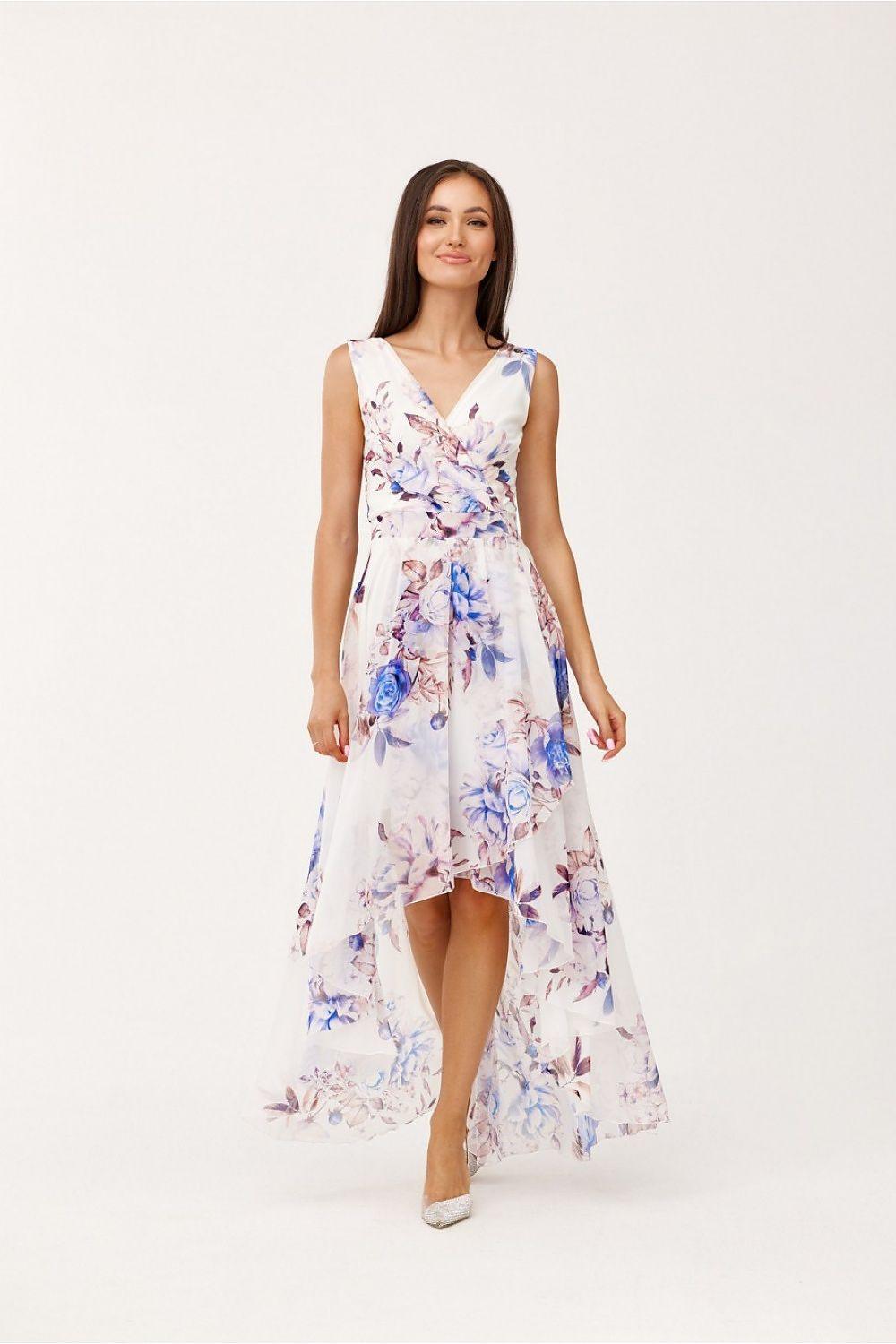 White floral sleeveless cocktail dress with V-neck and high-low asymmetric hem