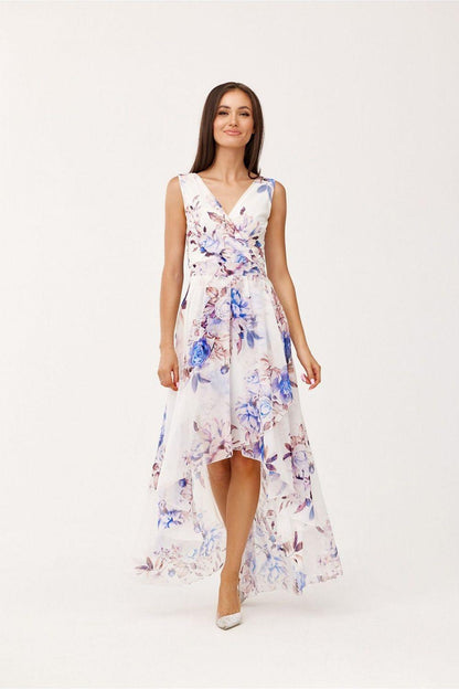 White floral sleeveless cocktail dress with V-neck and high-low asymmetric hem