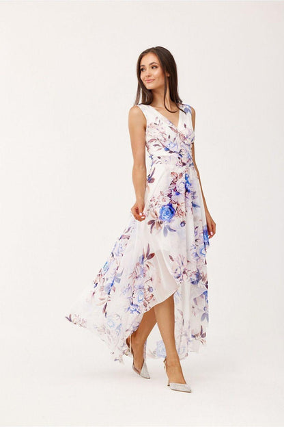 White floral sleeveless cocktail dress with V-neck and high-low asymmetric hem