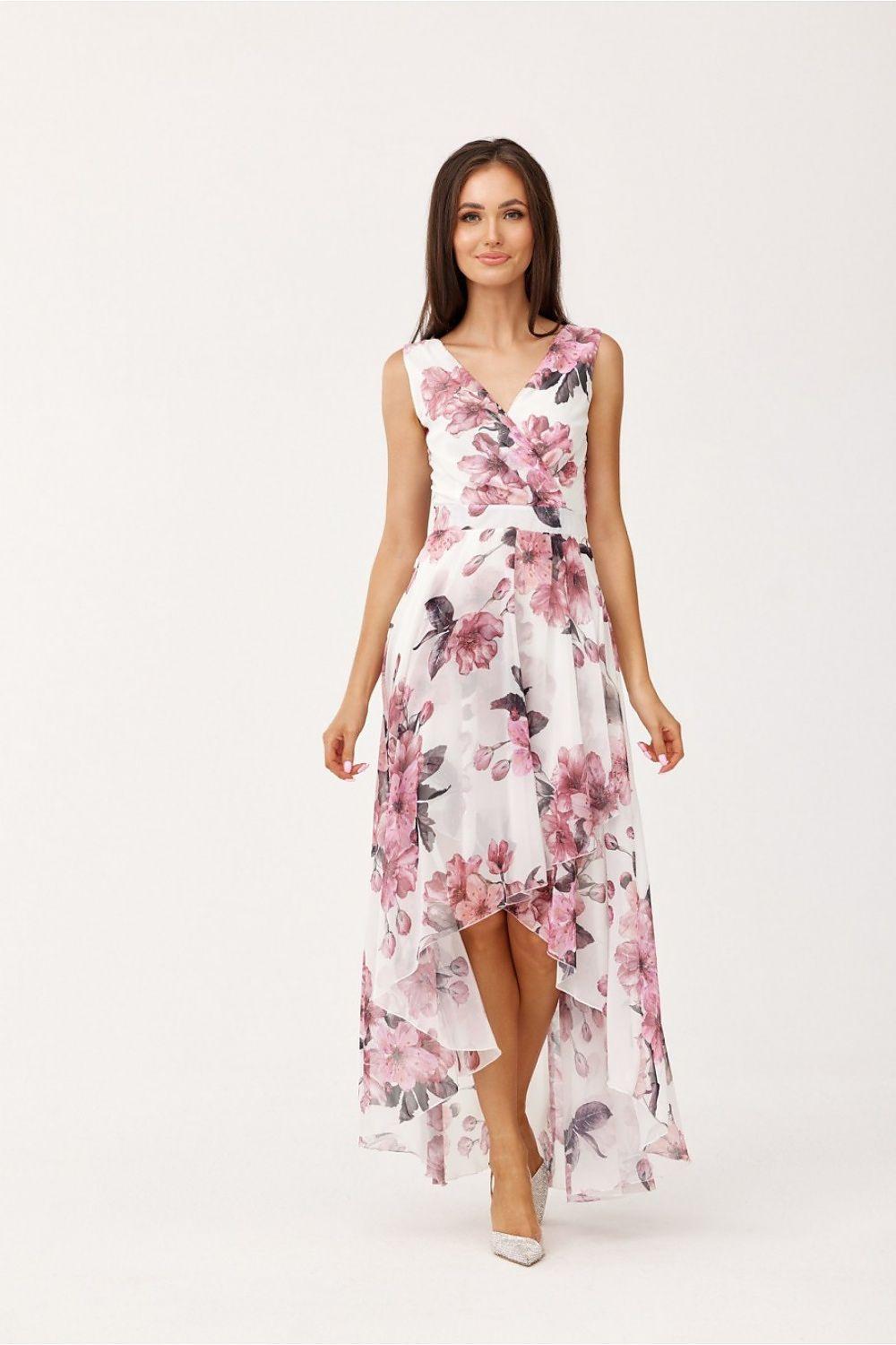 Cocktail dress in white with pink floral print, V-neck, fitted waist, asymmetrical hem