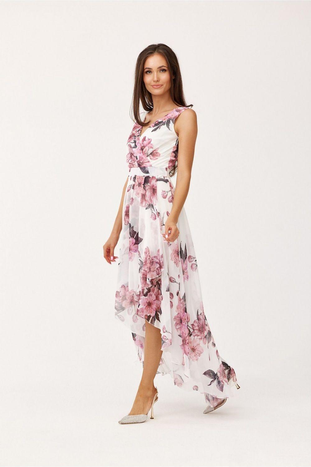 Cocktail dress, sleeveless V-neck, pink floral print on white, asymmetrical hemline