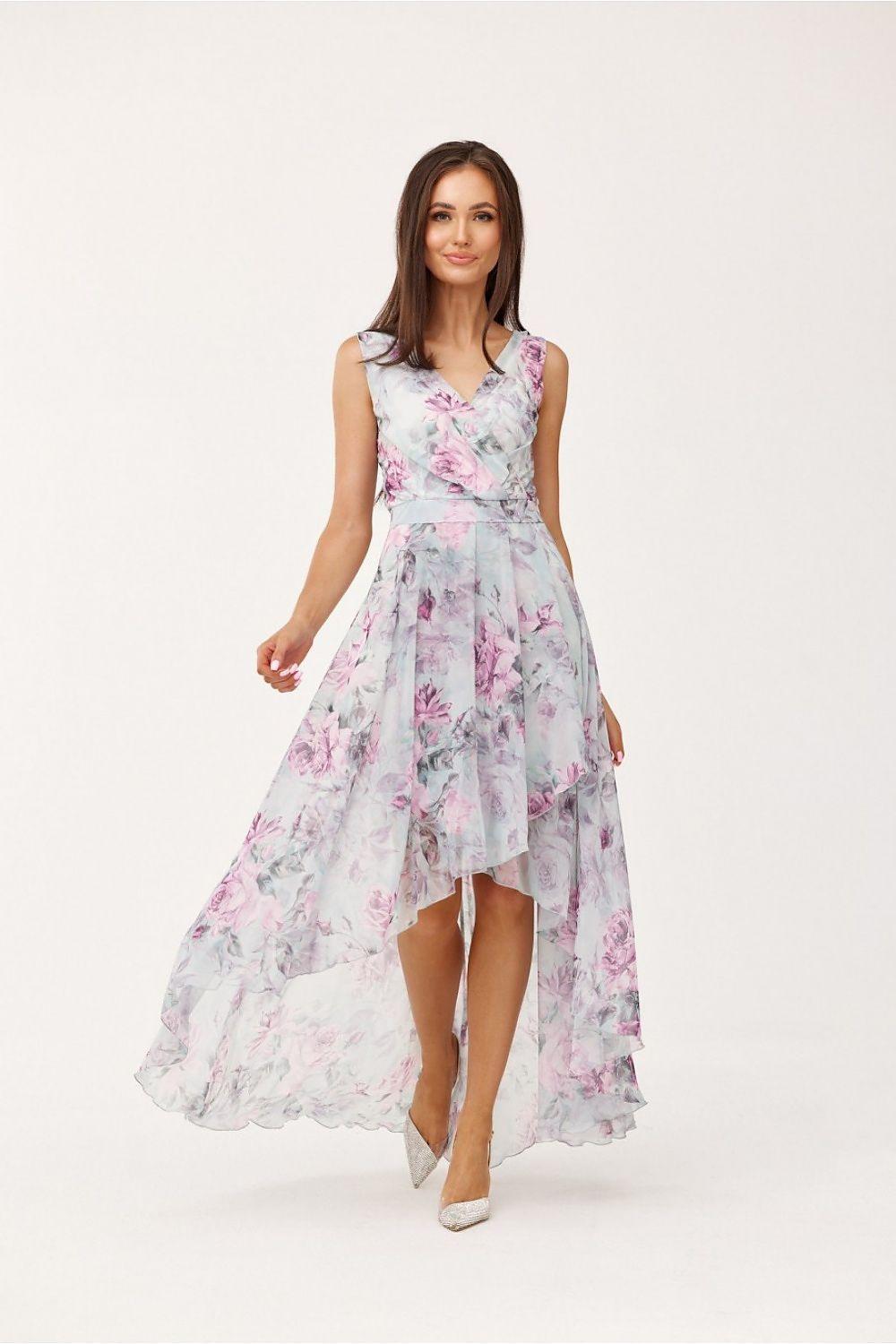 Cocktail dress in white with pink floral print, sleeveless V-neck, asymmetric layered hem