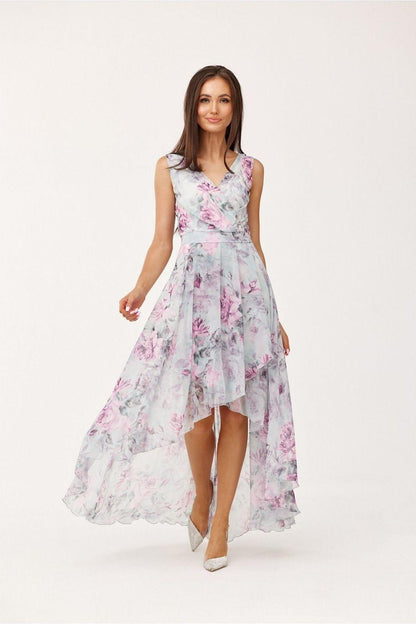 Cocktail dress in white with pink floral print, sleeveless V-neck, asymmetric layered hem