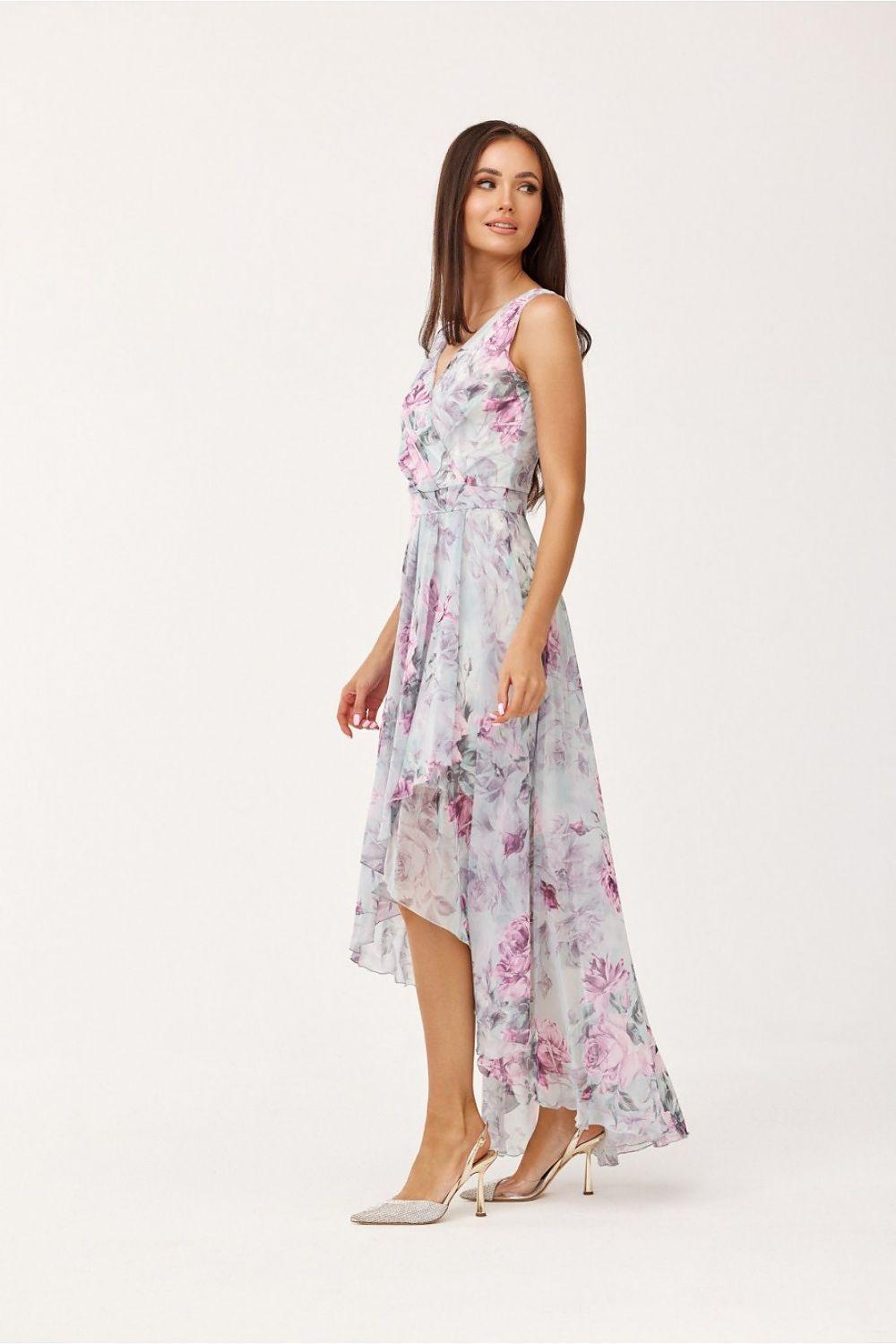 Cocktail dress with pink floral print, V-neck and sleeveless design, asymmetrical skirt