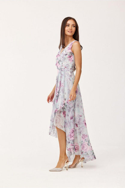 Cocktail dress with pink floral print, V-neck and sleeveless design, asymmetrical skirt