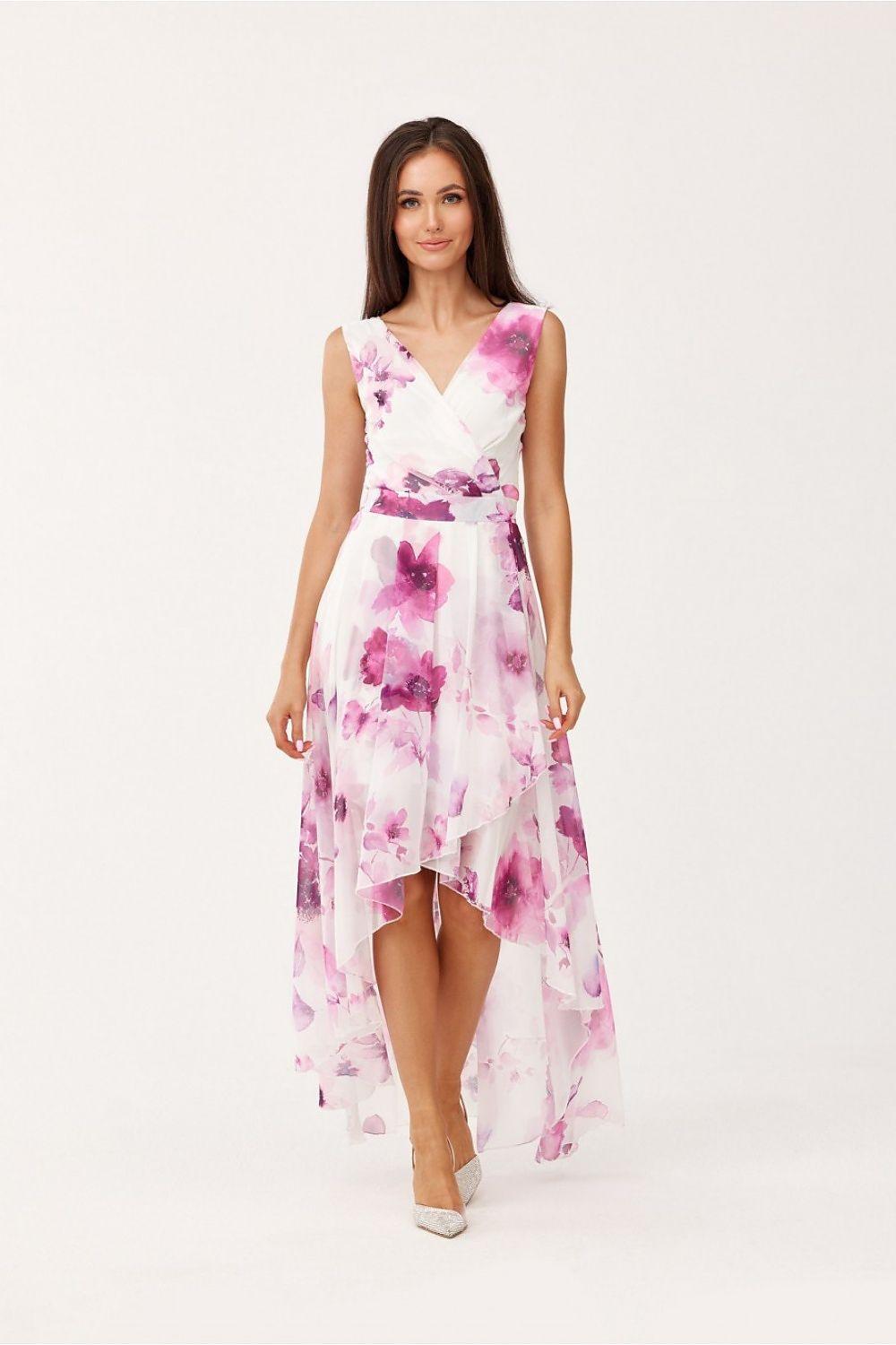 Cocktail dress with pink floral print on white, sleeveless V-neck, belted waist, asymmetrical hem