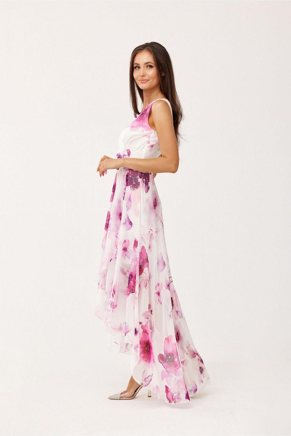 Cocktail dress, sleeveless V-neck, pink floral print on white with asymmetrical layered hem