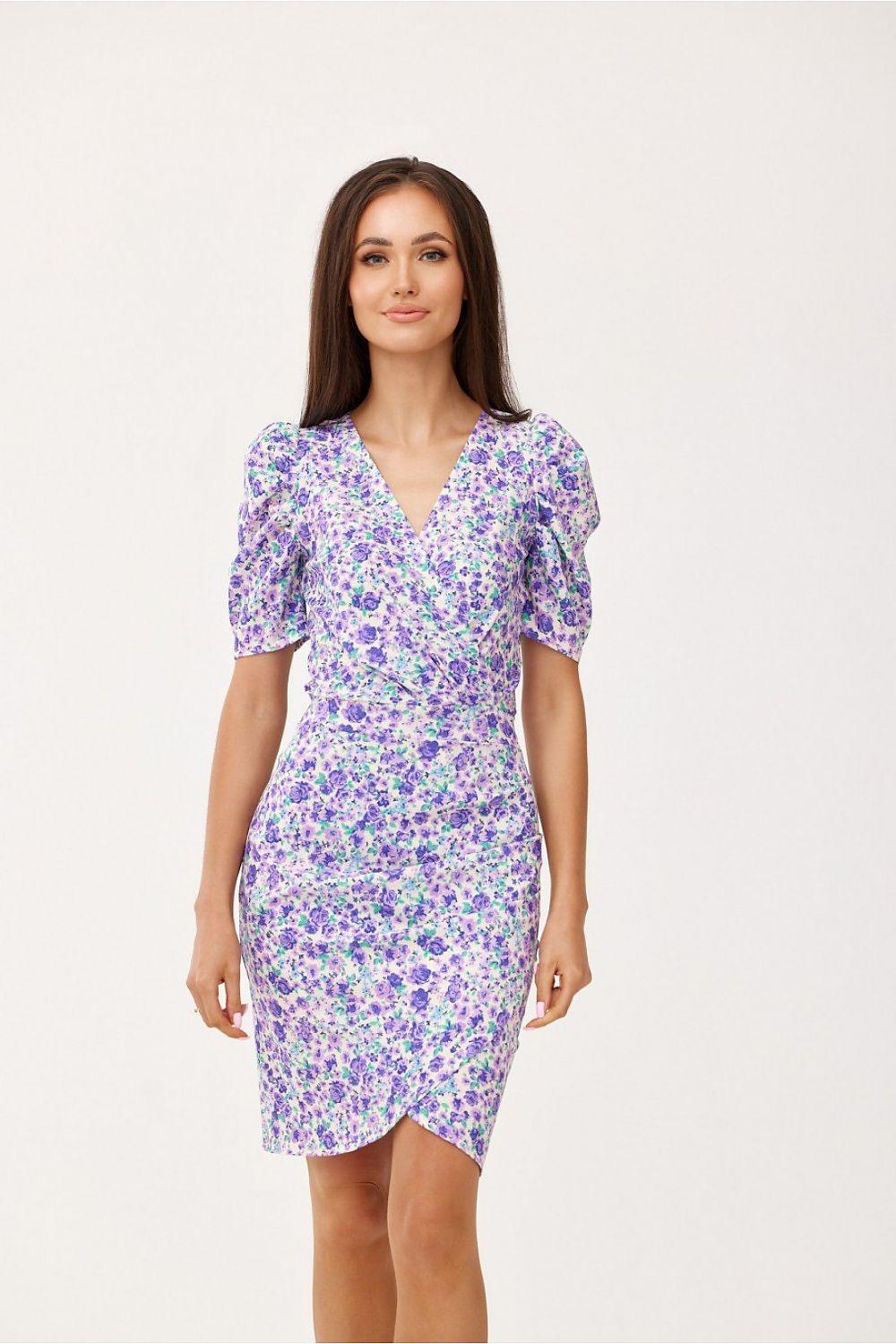 Cocktail dress with multicolor floral print, V-neck, puff sleeves, straight fitted silhouette