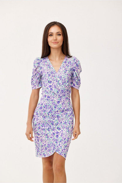 Cocktail dress with multicolor floral print, V-neck, puff sleeves, straight fitted silhouette