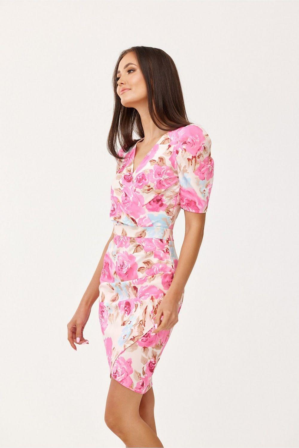 Roco Fashion cocktail dress, pink floral fitted bodycon, side view