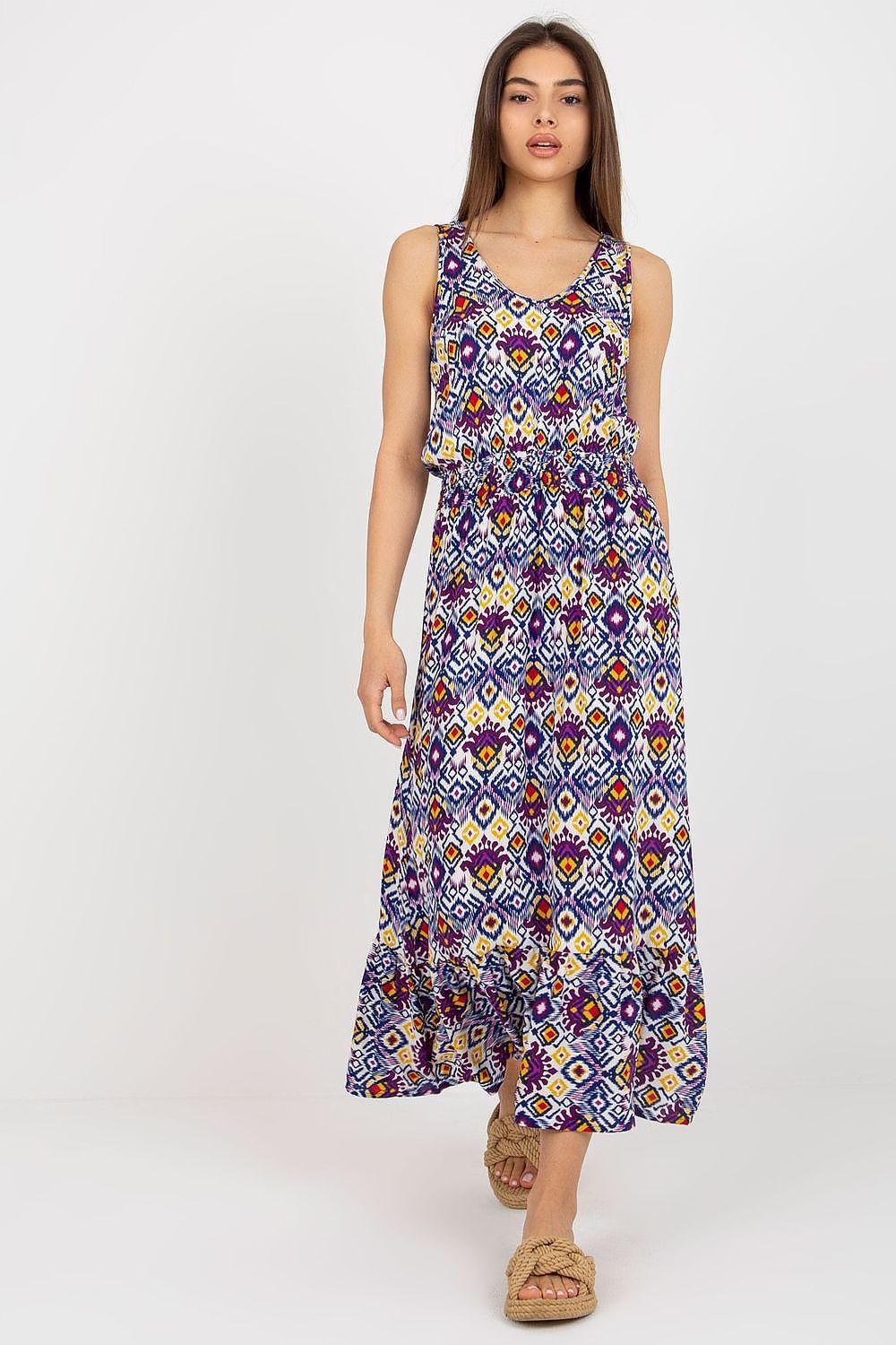 Blue patterned daydress with V-neck, sleeveless straps, and tiered maxi skirt