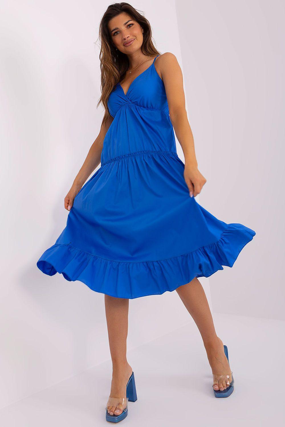 Blue sleeveless tiered daydress with V-neck and gathered waist ruffles