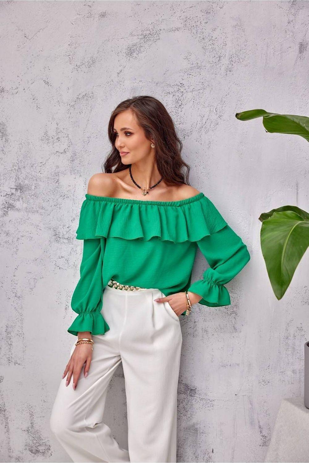 Green off-shoulder ruffle blouse with long sleeves