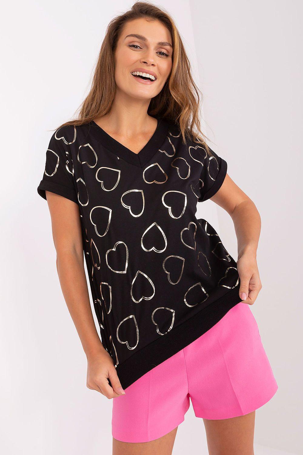 Black V-neck short-sleeve blouse with heart outline pattern