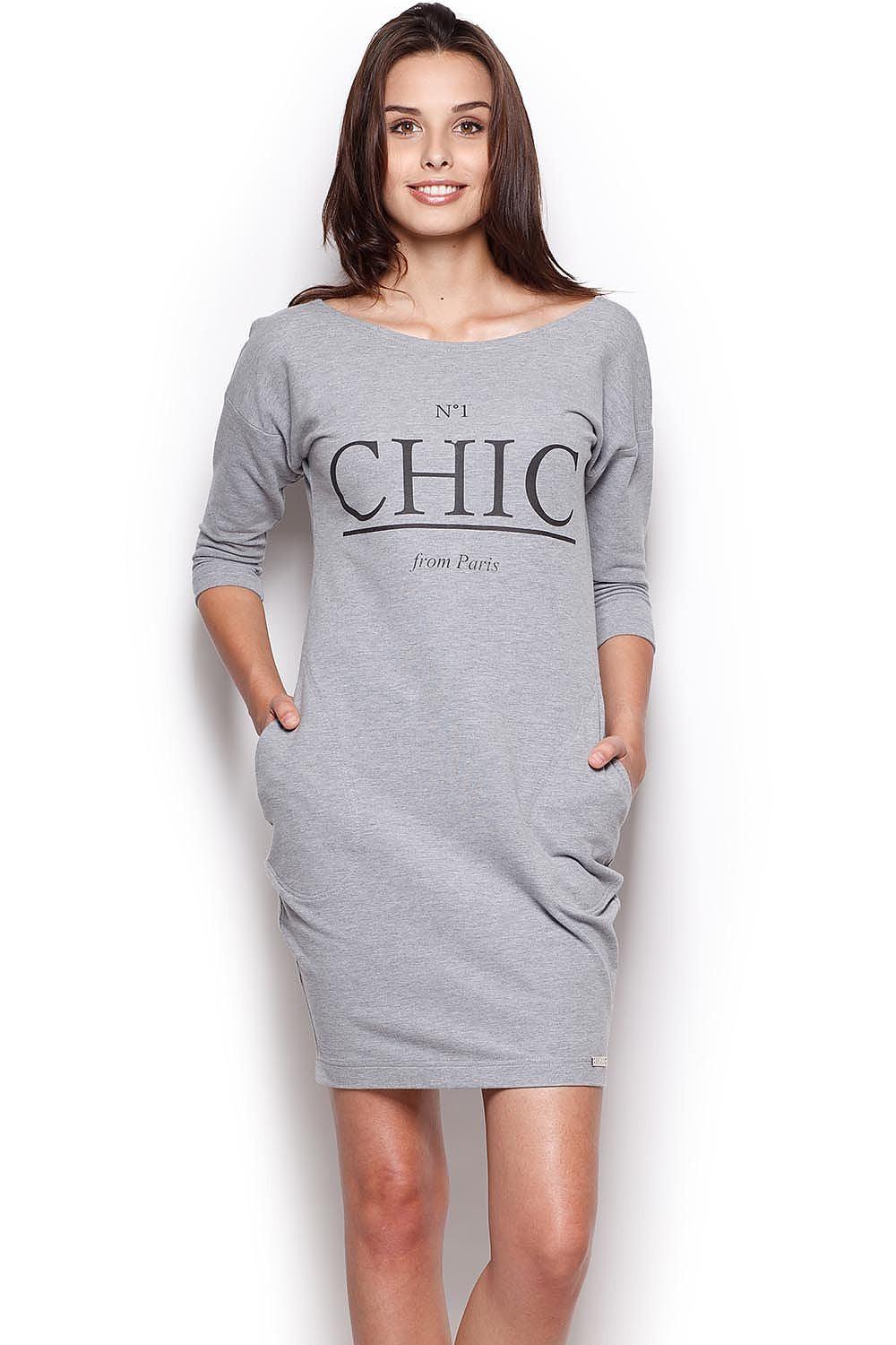 Figl grey day dress with 3/4 sleeves, scoop neck and CHIC printed front