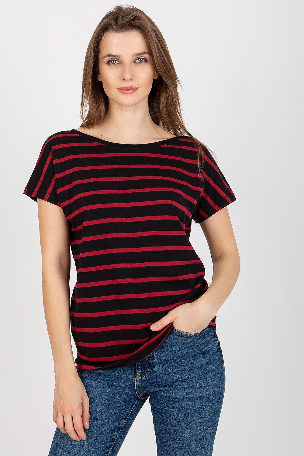 Black T-shirt with red horizontal stripes, short sleeves and crew neck