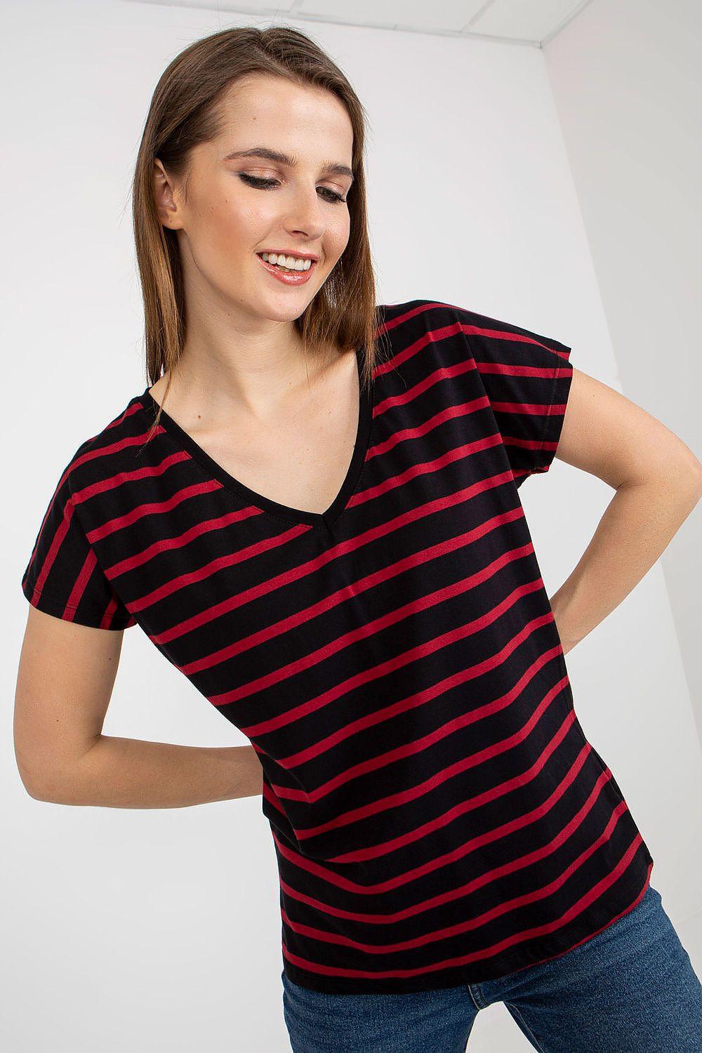 Black and red striped V-neck T-shirt with short sleeves