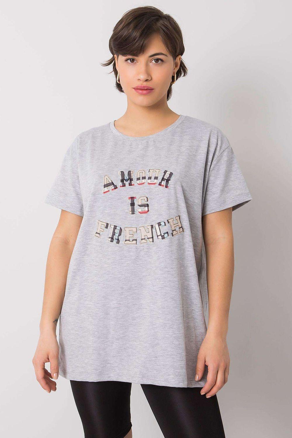 Grey women's t-shirt, short sleeves, crew neck, centered AMOUR IS FRENCH print